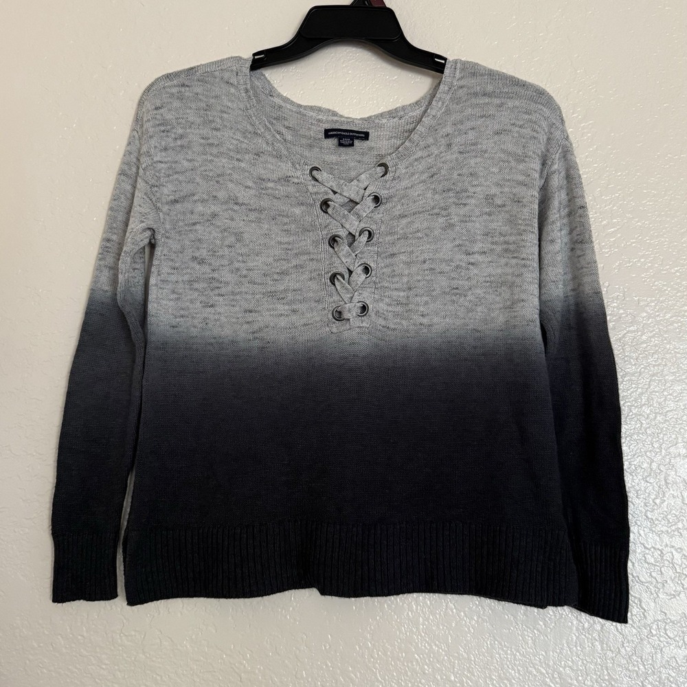 American Eagle Sweater Womens Small Grey Ombre Lace Up V-Neck Pullover Knit Top